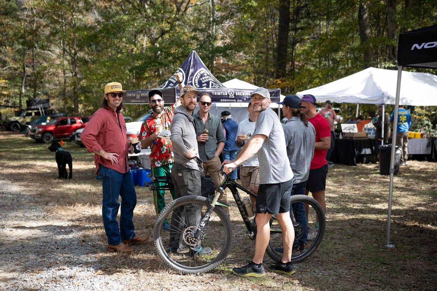 Racers hanging out between tents after the finish
